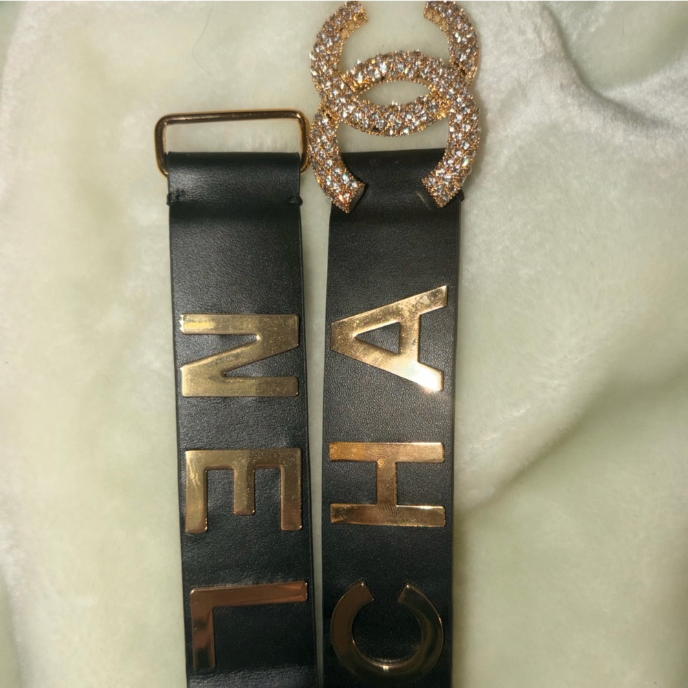 Gold CHA NEL Crystal interlocking CC Black Leather Scrunch Waist Belt & Box XS S - Picture 11 of 14